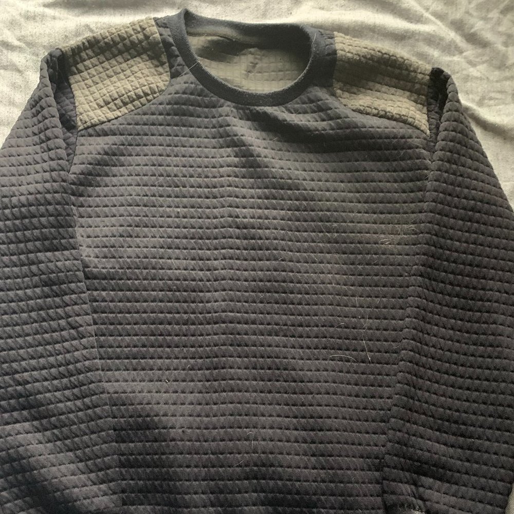 Blue Waffle Knit Sweater with Gray Shoulder Pads